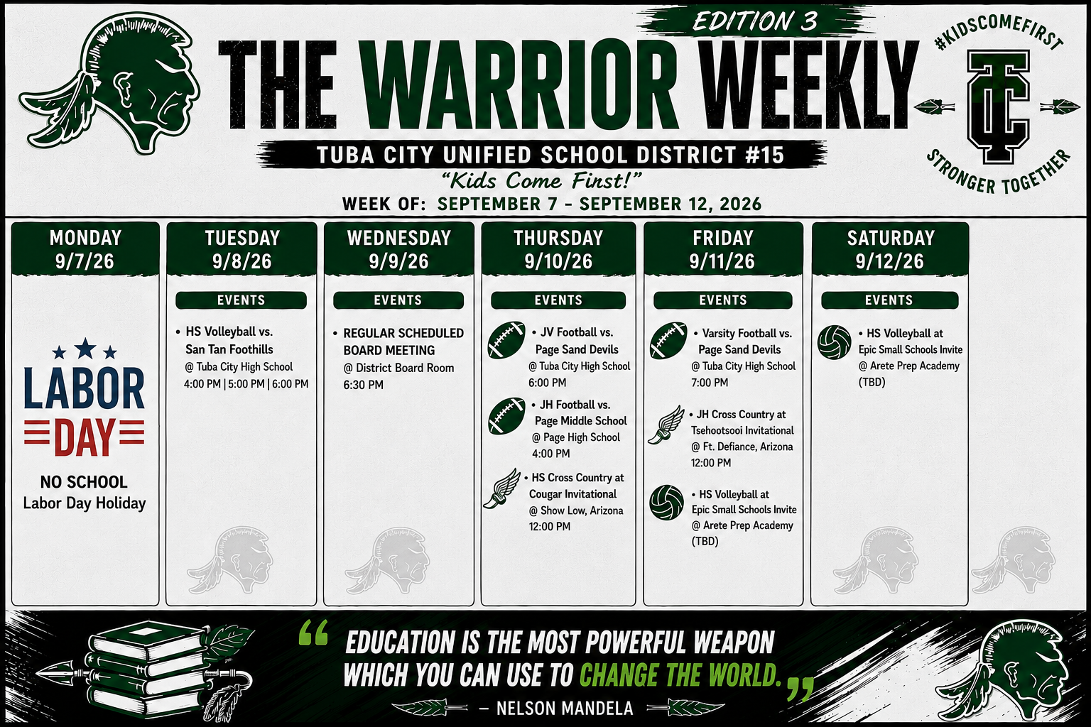 Warrior Weekly September 7th-12th